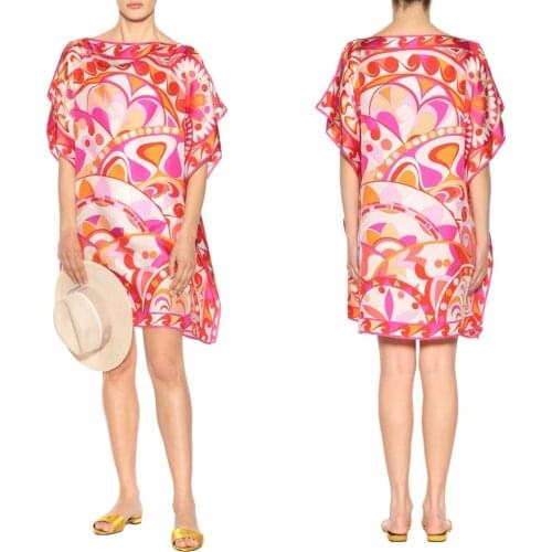 New Womens Batwing Sleeve Loose Print Fashion Slash Stretch Knitted silk jersey Dress