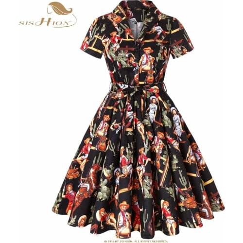 SISHION Western Cowgirl Print Retro Vintage Dress 2021 Women Ladies Black 3XL 4XL Plus Size Cotton Autumn Dress with Belt SD0002
