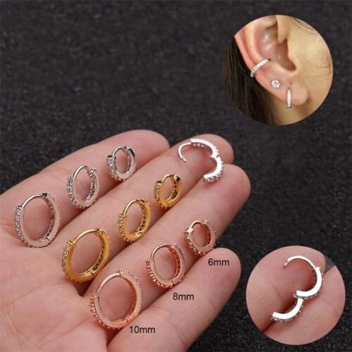 1Pcs 6-10mm Gold Color Ear Piercing Jewelry Zircon Rhinestone Helix Cartilage Earring Rook Hoop Snug Piercing Ring