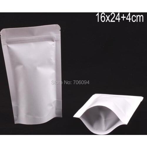 100PCS 16*24+4CM Stand up White Kraft Paper Bag 6.3''*9.4'' Zip lock white paper packaging bag Tea coffee bean bag