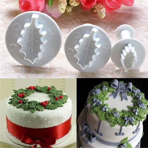 3 Pc/Set 3D Holly Leaf Leaves Cookie Plunger Cutter Fondant Sugarcraft Mold Cake Decoration Mould Baking Tools