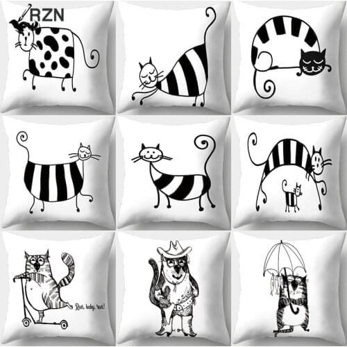 45x45cm Black White Cat Pattern Decorative Cushions Pillowcase Polyester Cushion Cover Throw Pillow Sofa Decoration Pillowcover
