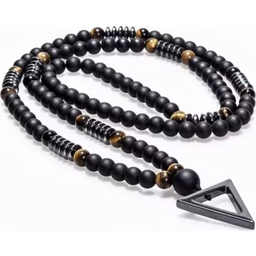 6MM Black Stone Wood Beads with black Stone Cross Pendant Mens Rosary Necklace Mens Mala jewelry