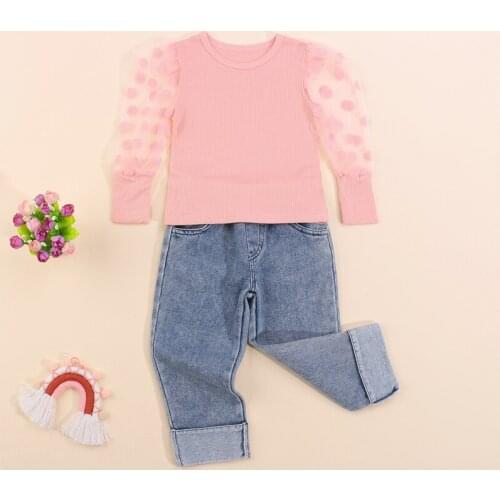 Kids Girls Long Sleeves Pullover Tops+ Jeans, Mesh Knit Stitching T-shirt High Waist Trousers Spring Fall Clothing Set, 2-7Years