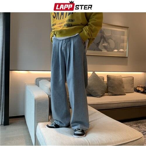 LAPPSTER Men Baggy Y2k Low Rise Jeans Pants 2021 Mens Streetwear Wide Leg Kpop Denim Trousers Male Causal Vintage Jeans Joggers