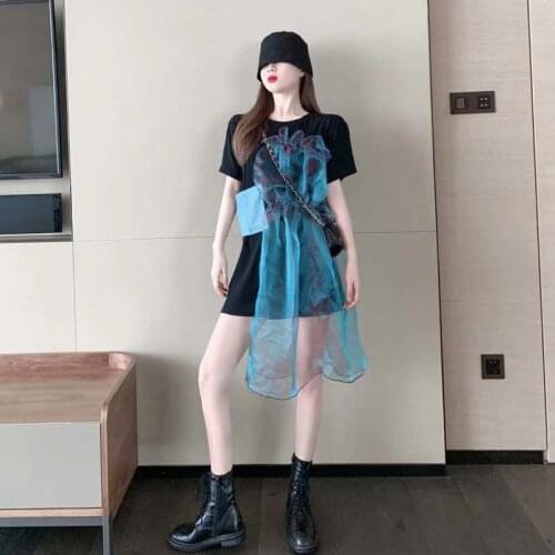 T-shirt Women 2021 Patchwork Mesh Irregular Fashion Harajuku Top Thin Black Short Sleeve Female Leisure Tee Shirt Streetwear