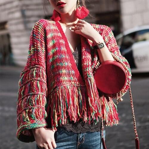 Autumn Winter Cardigans Sweater Coats Knitted Rainbow Tassel Cardigan Women Long Sleeve Loose Warm Sweater Outwear Female