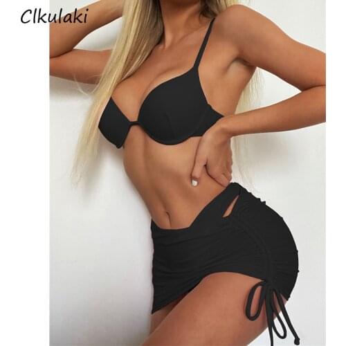 Three Pieces Bikini Set Swimsuit Women Sexy Bra underwire With Skirt Swimwear Solid Bathing Suits Swim 2021 Summer New Beachwear