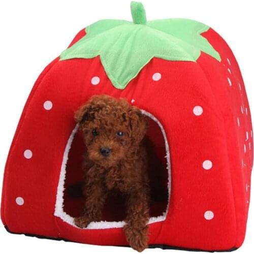 Cute Strawberry Pet Dog Cat House Kennel Tent Fashion Puppy Winter Warm Bed House Cave Nest For Dog Cat Pet Products (Red L