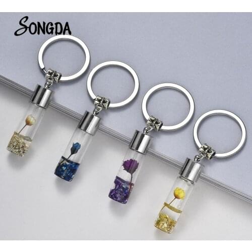 Sweet Natural Dried Flowers Bottle Keychain Multicolor Sparkling Stones Eternal Flower Key Chain Beautiful Wish Bottle Key Ring