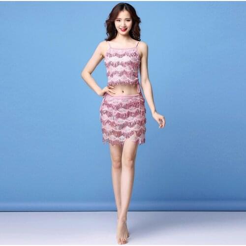 2019 Women Dance Wear Straps Outfit Over Skirt Belly Dance Costume Set 2 Pieces Sequins Top and Hip Scarf (with shorts)