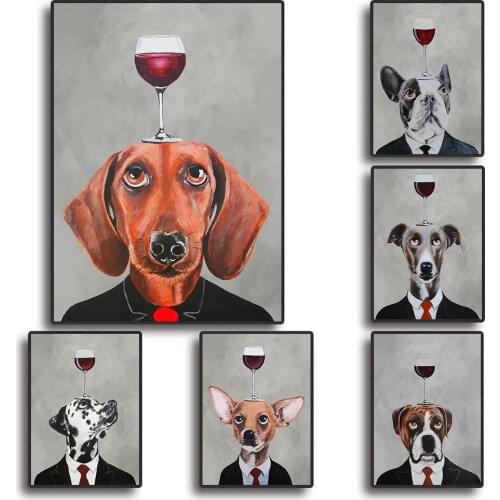 Fashion Animal Pictures Red Wine Chihuahua Dachshund Dalmatian Poster Cool Dog Canvas Painting Bar Living Room Wall Art Decor