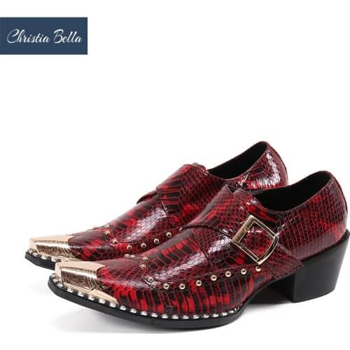 Christia Bella Genuine Leather Men Oxford Shoes Rivets Buckle Strap Brogue Shoes Wedding Party Male Shoes Formal Footwear