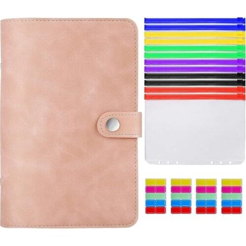 NEW-PU Leather Budget Binder Refillable Binder with Colored Binder Zipper Pouches Clear Loose Leaf Bags Cash Envelopes