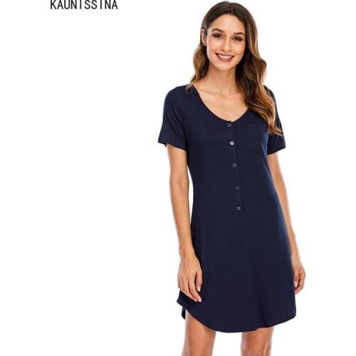 Nightgown Spring Summer Sleepwear Dress Women Fashion Nightdress V-Neck Short Sleeve Button Nightwear Female Chemise Sleepshirts