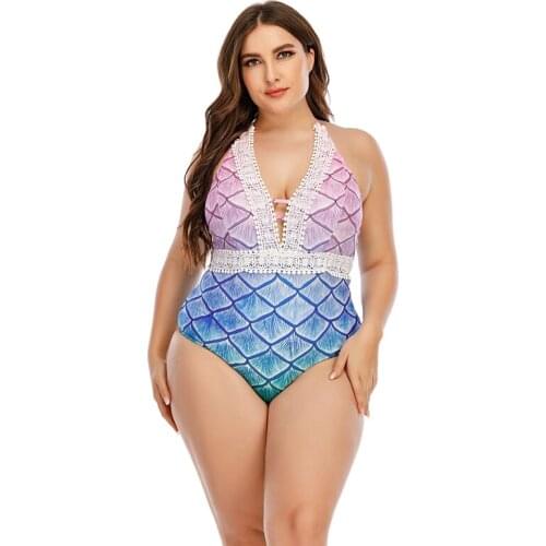 Mermaid Print Swimsuit Plus Size Womens Swimwear 2021 One-piece Bodysuit Women Halter Bathing Suit Female Beachwear Monokini