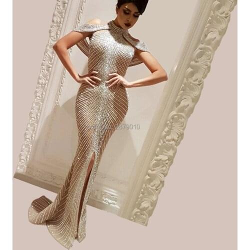 Sexy High-Neck Evening Dress Tulle Mermaid/Trumpet Champagne Formal Dress Full-Length The Skirt Split Sequins Beaded Zipper