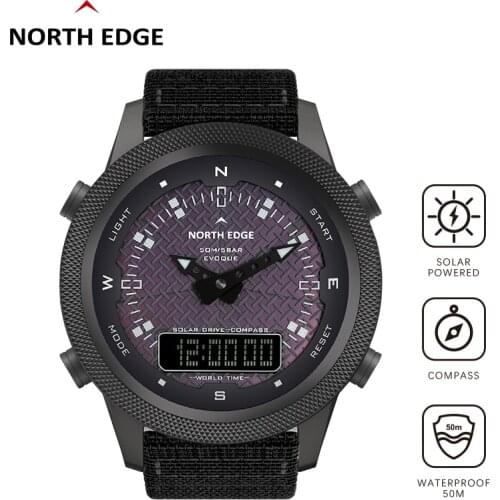 NORTH EDGE NEW Solar Electronic Watch Men Outdoor Sports Compass Smart Watch 5BAR Waterproof Cowhide/Nylon Strap With Box