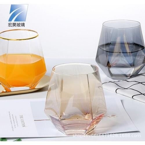 Modern simple hexagonal geometric glass with gilt rim creative transparent diamond glass for home life water bottles