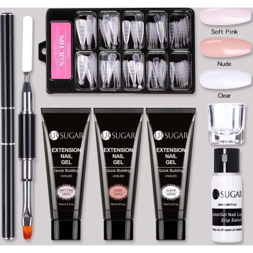 UR SUGAR Nude Glitter Color Extension Nail Gel Kit With Slip Solution Nail Tips Beginner Starter Kit DIY At Home