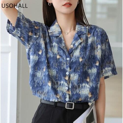USOHALL New Summer Casual Loose Printing Dyed Women Blouse Tops Short Sleeve Shirts