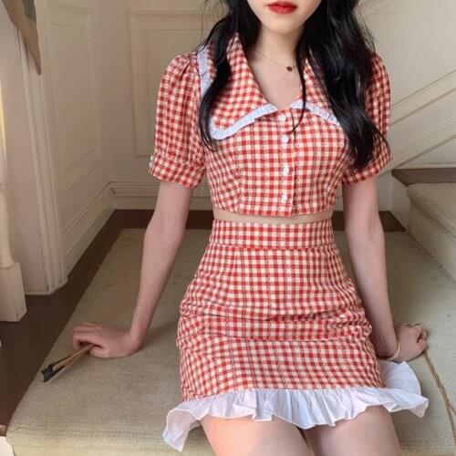 Korean Ulzzang Chic Sweet Summer 2 Piece Set Women Harajuku Plaid Crop Top Short Shirt Mini Skirt Set Slim Ins Two Piece Suits
