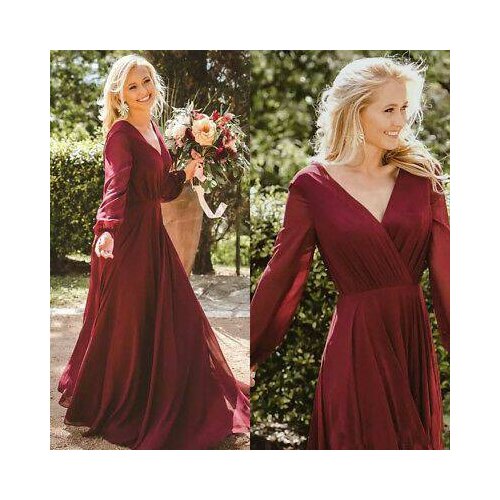 Vintage A-Line Long Sleeve Chiffon Pleated Burgundy Bridesmaid Dresses with Pockets Custom Zipper Formal Wedding Party Dresses