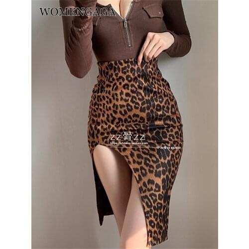 WOMENGAGA 2021 European Wild Women Girl Female Street Fashion Leopard Print Irregular Split Sexy High Waist Skirts Skirt XE4J