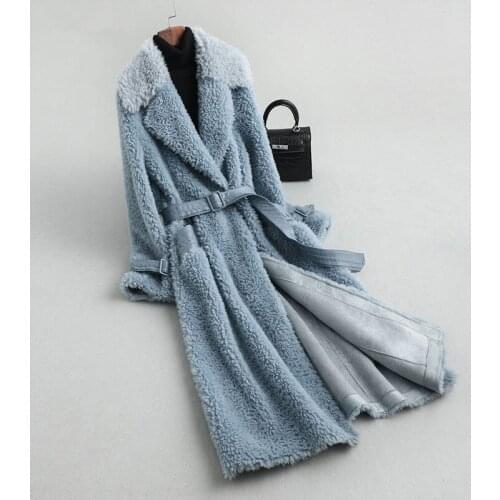 Womens Sheep Shearling Fur Coats Winter Jacket Women 100% Wool Coat with Leather Belt Korean Long Jackets MY