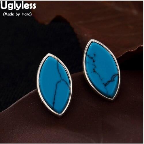 Uglyless Real 925 Sterling Silver Natural Turquoise Bijoux Women Vintage Stud Earrings Ethnic Oval Brincos Exotic Fine Jewelry