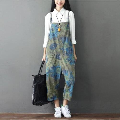 National Style Womens Retro Printing Loose Casual Jumpsuit Summer New Splicing Pockets Straight Trousers