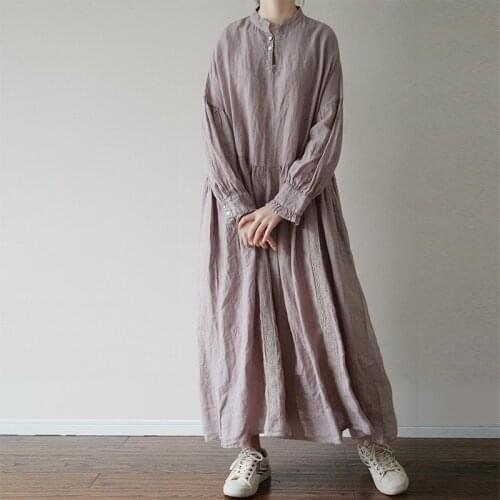 SCUWLINEN 2021 New Spring Autumn Dress Women Elegant Artsy Solid Long Lantern Sleeve X-long Linen Dress Korean Style P206