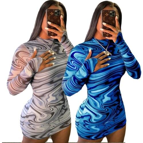 SUJYing 2021 Summer New Fashion Womens Sexy Long Sleeve Buttock Digital Printing Round Neck Dress