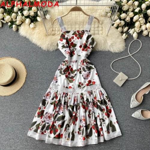 ALPHALMODA 2021 Summer Holiday Dress New Celebrity Style Square Collar High Waist Slim Sweet Flounced Floral A-line Dress