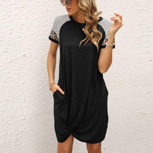 Women Loose Dress Sexy Casual Splicing Pocket Summer Dresses O-neck Short Sleeve Leopard Stripe Beach Dress Sundress 2021