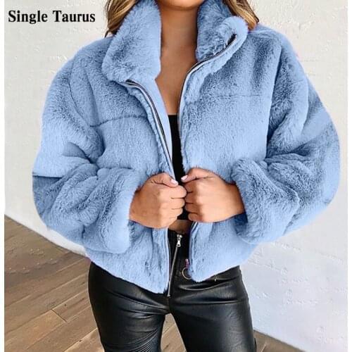 Winter Plush Coat Women Zipper Fly Fashion Rabbit Fur Faux Fur Woman Jacket Short Length Thich Warm Fur Cropped Jacket Mujer