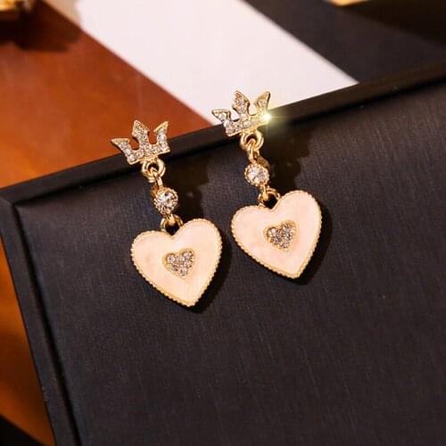 2020 Fashion Enamel Crown Heart Drop Earrings For Women Girls Gold Hollow White Crystal Heart Earring