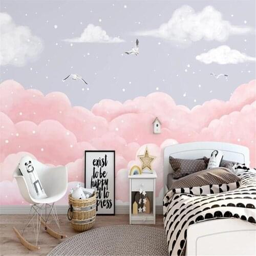 Milofi custom 3D printing wallpaper mural Nordic hand-painted fantasy clouds seabird childrens room small fresh pink mural
