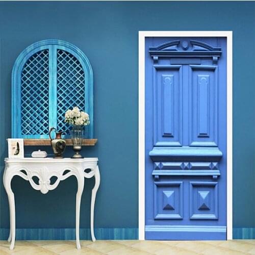 Free Shipping 3D Blue Door Mural Wallpaper mural Wall Print Decal Wall Deco Wall Mural Photo self adhesive door wrap