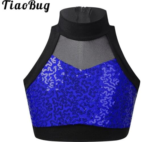 Kids Girls Shiny Sequins Sleeveless Mesh Splice Zipper Crop Top for Ballet Jazz Gymnastics Stage Performance Workout Dancewear