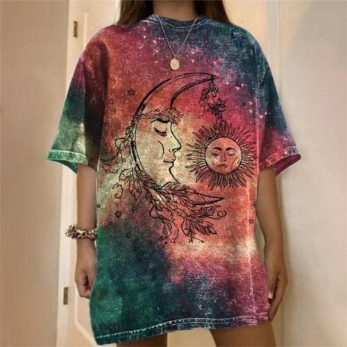 Harajuku Tie Dye Print Oversized T Shirt Women Summer Vintage Loose Short Sleeve Tee Shirt Femme Sun Moon Tshirts Plus Size Tops