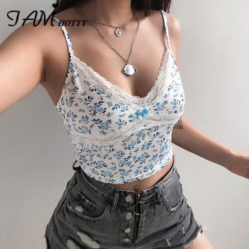 Iamhotty Y2K Floral Print Harajuku Crop Top Women Patchwork Lace Sleeveless Sexy Tops Ladies Vintage 90s Aesthetic Clothes Tees