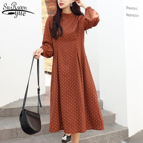 Fashion Korean Style Loose Polka Dot Pullover Round Collar Mid-Length Long Dress Elegant Over The Knee A-line Dresses 8835