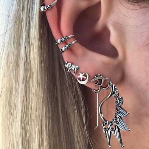 Vintage Silver Geometric Stud Earrings Set for Women Fashion Crystal Stone Heart Flower Leaf Chain Feather Bohemian Jewelr