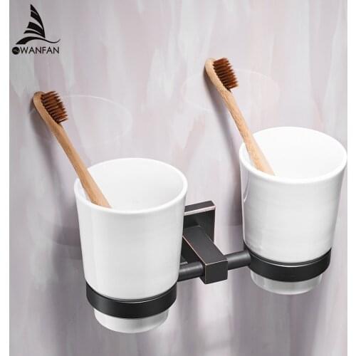Cup & Tumbler Holder Modern Style Wall-mounted Solid Brass with Ceramic Cup Square Bathroom Double Tumbler Holders Black WF-9250