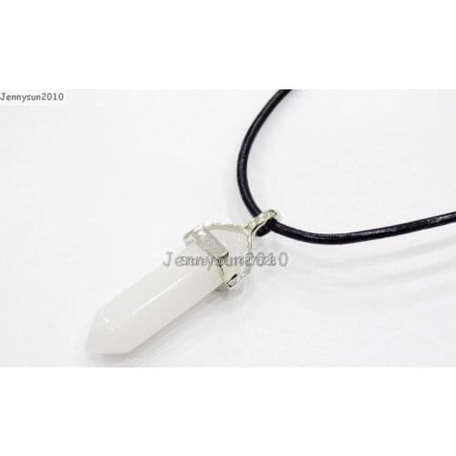 Natural White Ja-de Gems Stones Hexagonal Pointed Healing Reiki Chakra Pendant Black Leather Cord Necklace 18''lnch 5 Sets/Pack