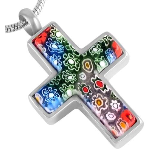 IJD8546 Hot Selling Christian Belief Cross Necklaces for Women Stainless steel Murano Glass Cremation Jewelry Ash Urn Pendants