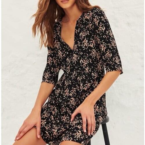 2021 Summer Mini Dress Half Sleeves Floral Print Slim Waist Retro Dress with Buttons V-Neck 100% Viscose Short Robe