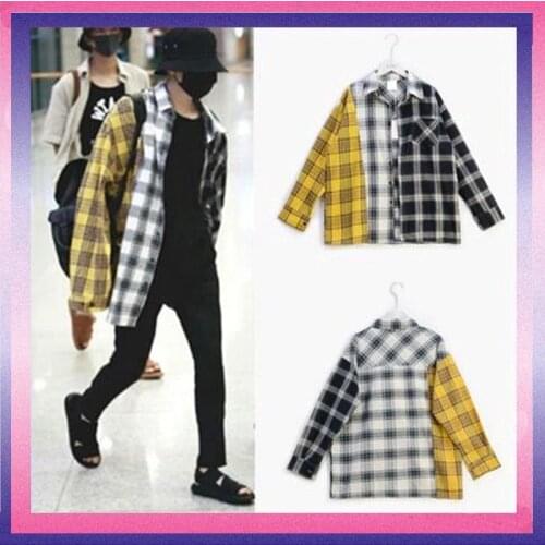 ALLKPOPER KPOP Plaid Shirt Women Bangtan Boys SUGA Blouse Korea Fashion Plus Size Casual Spring Autumn Splice Shirts