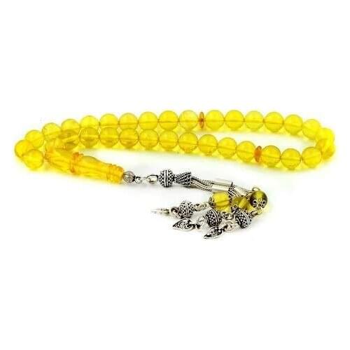 Silver Yellow Amber Gemstone Prayer Rosary Men Sphere Cut Rosary With Silver Tassel Islamic Tasbih With Drop Tassel 925k Silver